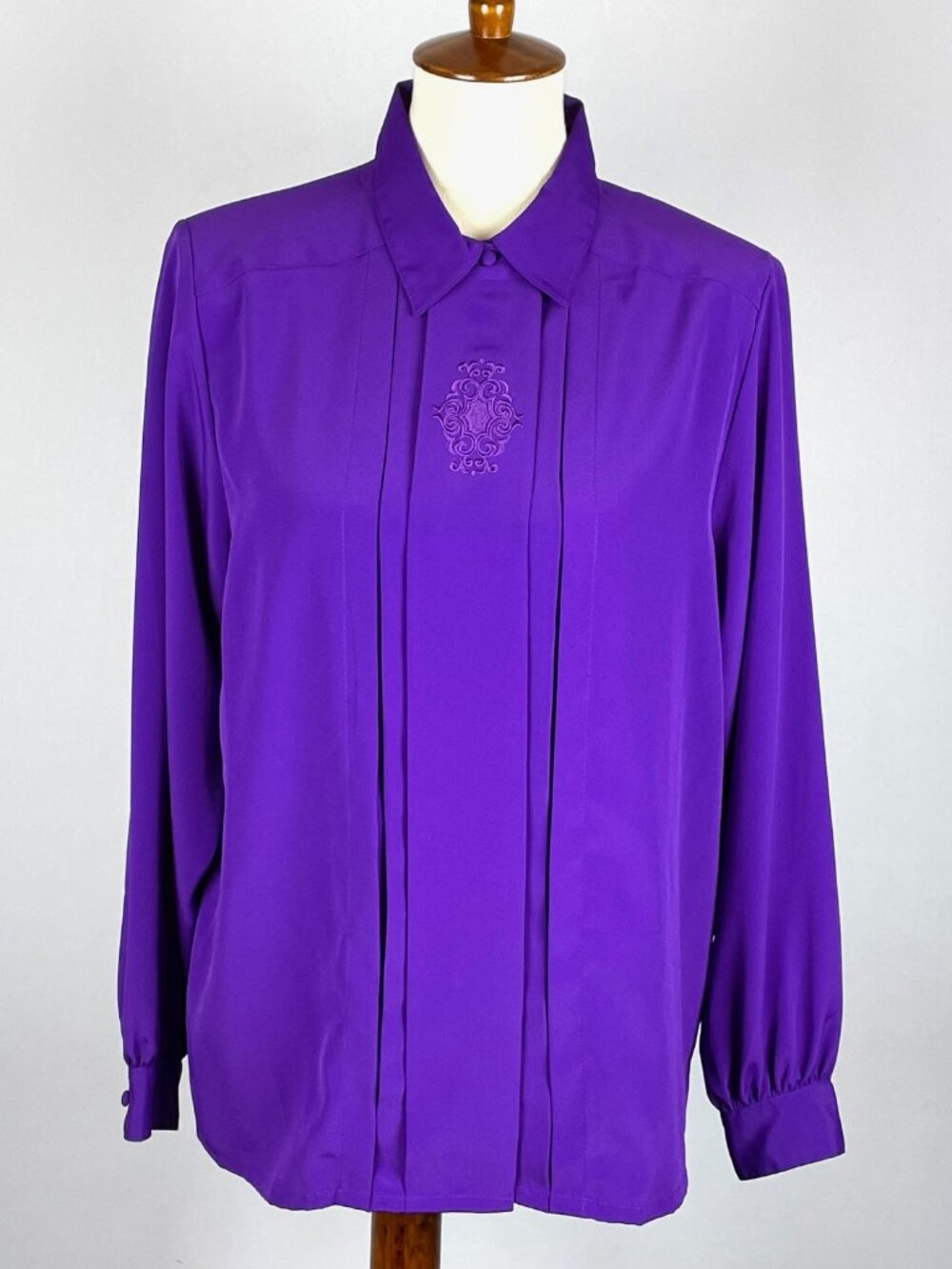 Vtg 80s Yves St. Clair Royal Purple Top Sz 12 Pleated Embroidered Corporate Chic